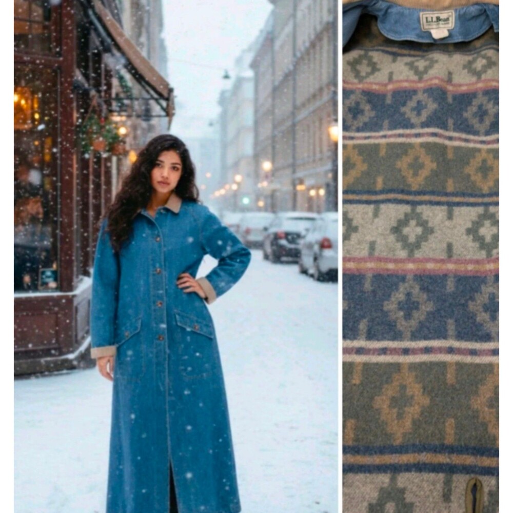 LL Bean Long Denim L Chore Coat Navajo Inspired Wool Blanket Lined Retro 80s - Picture 1 of 12